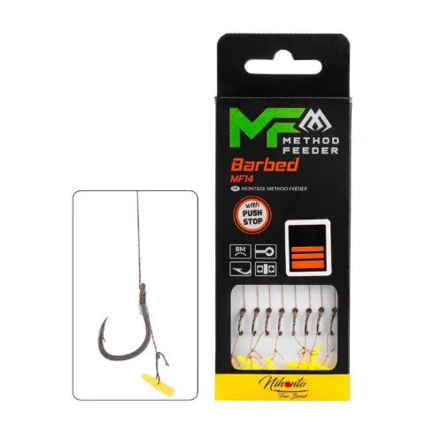 PRZYPON MF - MF14 Z PUSH STOPEM - hak z zadziorem nr 10 / plecionka: 0.12mm/10cm - op.8szt.
